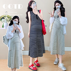 批发实拍 孕妇装夏季条纹显瘦遮肉连衣裙两件套