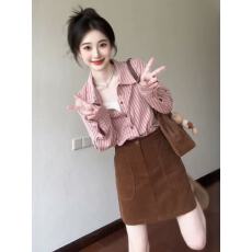 批发粉色竖<b class='q'>条纹</b>polo领宽松长袖<b class='q'>衬衣</b><b class='q'>衬衫</b>女2026早春季新款法式通勤上衣