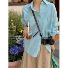 批发春夏季新款条纹清新长袖<b class='q'>衬衫</b>女宽松休闲时尚翻领<b class='q'>衬衣</b>百搭防晒开衫