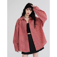 批发洋气复古甜格2026红色休闲格子衬衫外套女春秋季韩系宽松款薄衬衣
