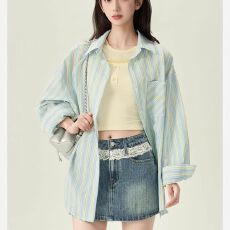 批发春夏季新款洋气刺绣条纹<b class='q'>长袖</b>防晒薄衬衫女慵懒随性休闲舒适衬衣女