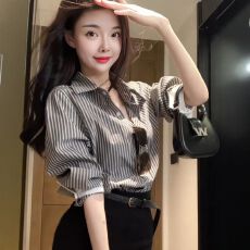 批发韩系复古条纹<b class='q'>长袖</b>衬衫女2026春季新款设计感时尚宽松显瘦气质上衣