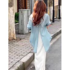 批发<b class='q'>夏季</b>薄款防晒衬衣中长款外套宽松上衣女设计感后背镂空系带衬衫女