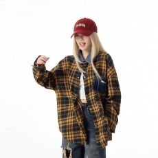 批发百搭宽松潮流时尚开衫秋款美式翻领<b class='q'>牛仔</b>拼接格子必备单品长袖<b class='q'>衬衫</b>