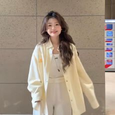 批发美式复古刺绣小狗黄色条纹长袖衬衫女宽松设计感小众休闲百搭上衣