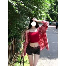 批发休闲复古慵懒格子长袖外套衬衫新款宽松舒适红色衬衣格纹衬衫上衣