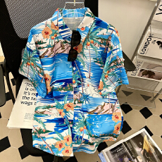 批发实价# 跨境泰国风夏威夷花衬衫短袖男女松弛感泼水节沙滩碎花衬衣