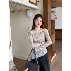 批发韩系<b class='q'>不规则</b>木耳边斜肩长袖T恤女早秋收腰显瘦打底衫露肩别致上衣