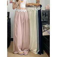 批发2026夏季<b class='q'>甜美</b>蕾丝拼接阔腿裤女高腰垂感宽松直筒裤慵懒风休闲裤
