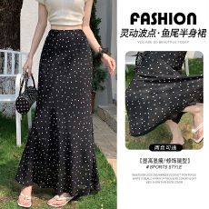 批发波点雪纺鱼尾半身长裙夏季高腰包臀<b class='q'>荷叶边</b>A字裙子女修身<b class='q'>半身裙</b>