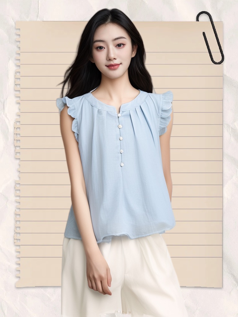 FA33058# 法式甜美减龄压褶小飞袖衬衫女夏季设计感蓝色荷叶边圆领无袖上衣 服裝批發女裝批發服飾貨源