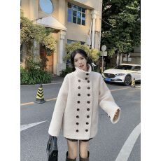 批发<b class='q'>双排扣</b>高领毛茸茸毛呢外套女秋冬装高级感爆款中长款独特呢子大衣
