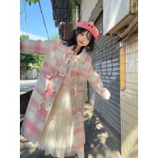 批发粉色格纹小个子大衣女2025新款学院风复古中长款牛角扣外套女秋冬