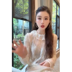 批发早秋花边领透视感网纱修身长袖打底内搭<b class='q'>蕾丝</b>衫