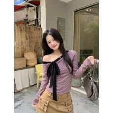 2026新款韩系T恤女 春秋流行条纹斜肩长袖纯欲上衣