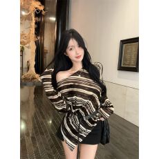 批发猫眼绒 辣妹一字肩条纹长袖<b class='q'>T</b><b class='q'>恤</b>女秋百搭显瘦气质上衣