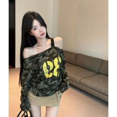 批发春秋废土风辣妹<b class='q'>迷彩</b>字母长袖T恤女抽绳绑带露肩显瘦上衣
