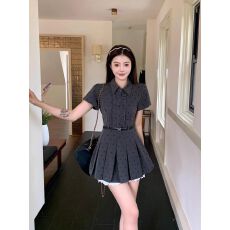 批发韩系复古假两件波点短袖连衣裙女夏季学院风穿搭收腰显瘦a字<b class='q'>短裙</b>