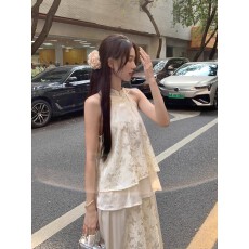 批发新中式国风旗袍清冷感禅意穿搭一整套挂脖上衣半身裙子<b class='q'>套装</b>女夏季