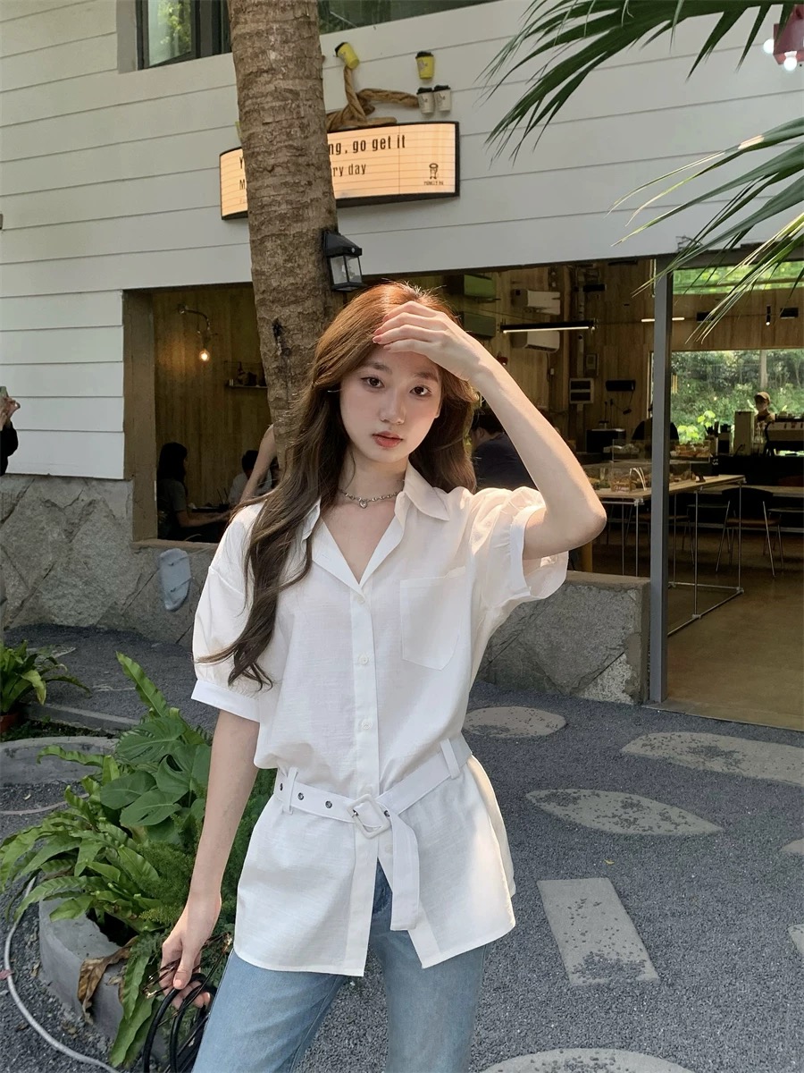 RY2087# 甜美风白色翻领泡泡袖衬衫女夏季设计新款简约单排扣百搭上衣