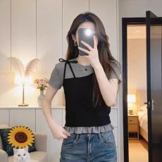 批发40支纯棉1×1】韩系时尚拼接假两件短袖女2026年夏季新款短款<b class='q'>上衣</b>