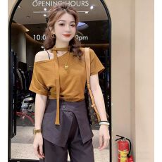 批发40支纯棉1*1】斜肩飘带短袖T恤女2026年夏季新款时尚显瘦百搭<b class='q'>上衣</b>