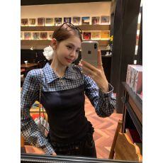 批发全棉格子藏蓝polo领假两件内搭打底衫女修身显瘦长袖t恤小<b class='q'>上衣</b>