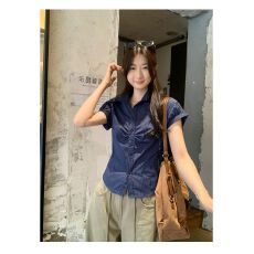 批发夏日绝美polo领藏青色条纹修身短袖<b class='q'>衬衫女</b>掐腰上衣