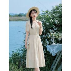 批发送腰带 文艺法式夏季<b class='q'>复古</b>气质名媛女收腰显瘦百褶<b class='q'>连衣裙</b>