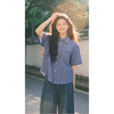 批发复古蓝色<b class='q'>格子</b>刺绣短袖衬衫女装夏季美式潮牌衬衣宽松半袖外套ins