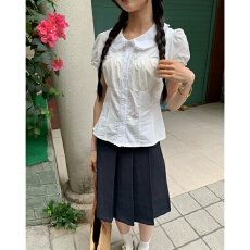 批发法式<b class='q'>甜美</b>白色娃娃领衬衫短袖夏季2026学院风显瘦女泡泡袖内搭上衣