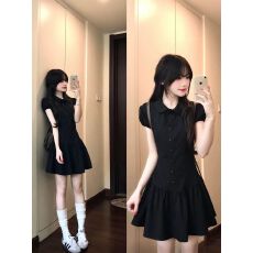 批发复古娃娃领黑色竖<b class='q'>条纹</b>连衣裙女夏季新款短袖修身学生显瘦<b class='q'>短裙</b>子