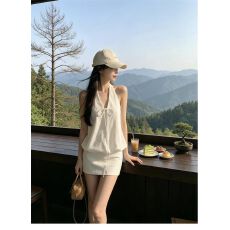 批发白色半裙套装女夏季挂脖花苞露背上衣包臀<b class='q'>半身裙</b>两件套