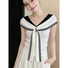 批发韩系海军领撞色短袖<b class='q'>t</b><b class='q'>恤</b>女夏新款<b class='q'>修身</b>绑带设计感上衣