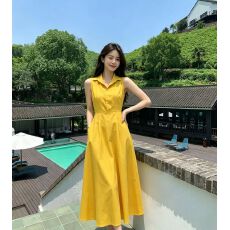 批发姜黄色<b class='q'>翻领</b>无袖衬衫<b class='q'>连衣裙</b>女收腰长裙带口袋显瘦度假风气质通勤