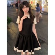 批发夏季娃娃领<b class='q'>连衣裙</b>女款复古学院风<b class='q'>假两件</b>小个子穿搭蕾丝拼接小黑裙