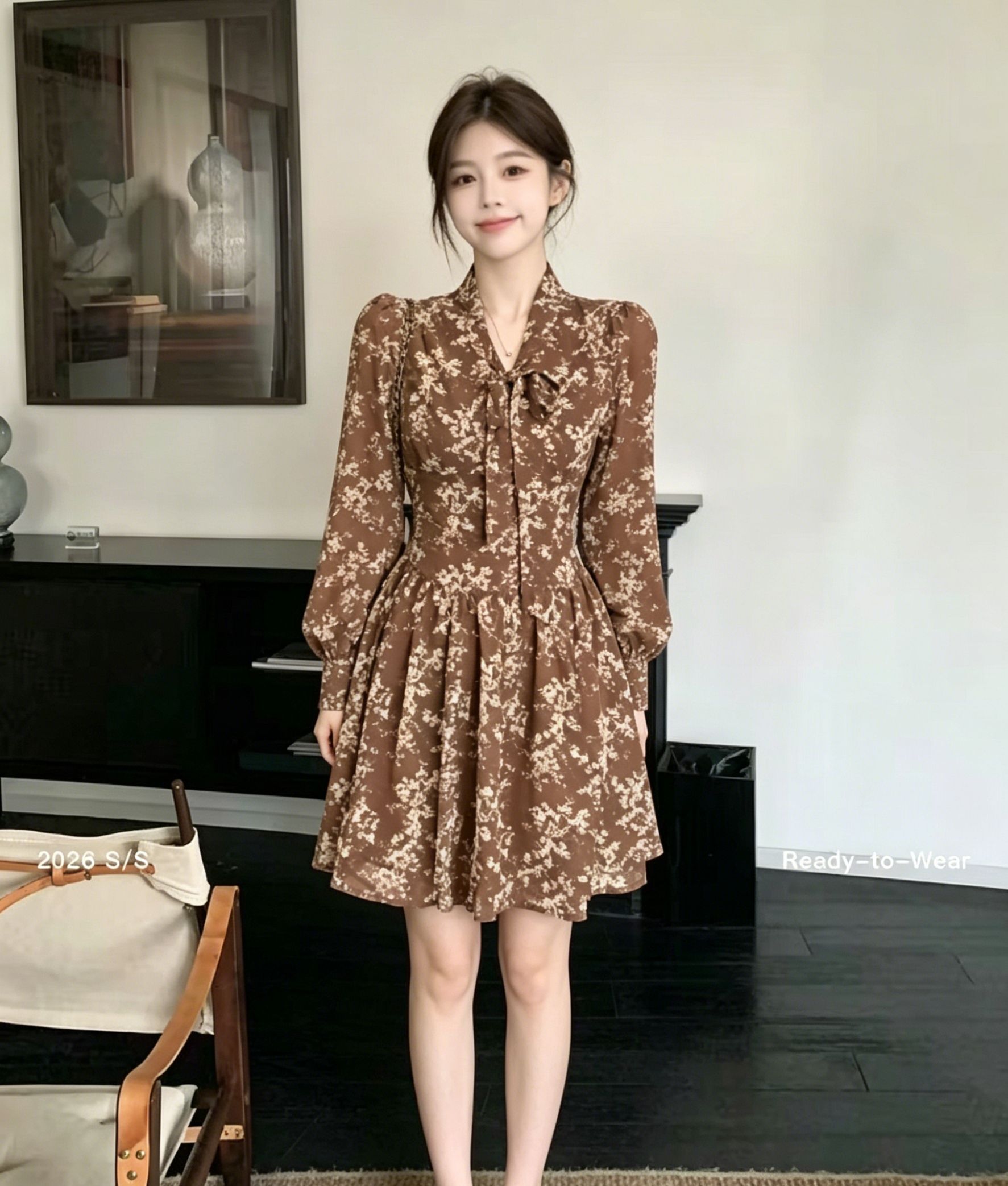 秋复古棕底碎花连衣裙女系带V长袖收腰雪纺短裙温柔氛围感小个子  服裝批發女裝批發服飾貨源