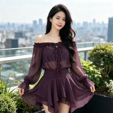 批发御姐独特绝美斜肩紫色掐腰<b class='q'>短裙</b>法式温柔风超好看连衣裙2026年秋季