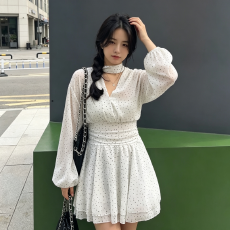 批发女夏季大码胖mm设计感别致收腰a字<b class='q'>短裙</b>法式波点v领长袖<b class='q'>雪纺</b>连衣裙