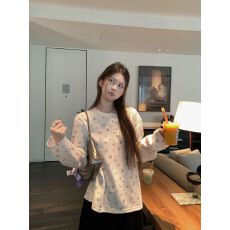 批发人棉圆领碎花长袖t恤女秋季宽松慵懒风小众设计感韩系上衣打底衫