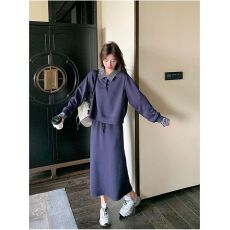 大码女装胖mm韩版翻领假两件长袖卫衣+半身裙秋季显瘦时尚套装