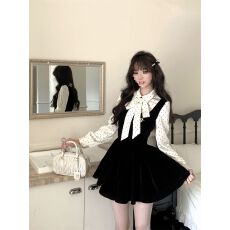 批发少女甜美丝绒连衣裙<b class='q'>春</b>季高级感小香风波点假两件收腰公主裙