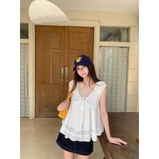 批发蕾丝拼接提花小飞袖<b class='q'>衬衫女</b>夏季系带宽松衬衣气质树莓粉娃娃衫上衣