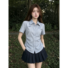 批发美式蓝色格子正肩<b class='q'>短袖</b><b class='q'>衬衫女</b>夏季修身收腰短款掐腰设计感衬衣上衣