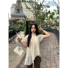 批发2026夏季新款气质温柔后绑带莱赛尔小飞袖衬衣女显瘦韩系上衣 女