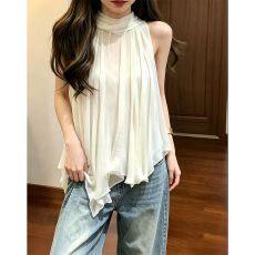 批发通勤气质上衣***夏季百搭方领浅杏色扭结挂脖宽松无袖飘逸背心