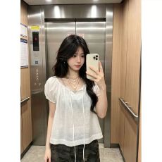 批发韩系泡泡袖一字领系带小衫女夏轻薄宽松透气短袖衬衫方领短款上衣