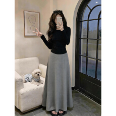 批发法式高级感灰色半身连衣裙子<b class='q'>女</b>秋季2026年新款小个子气质长裙套装