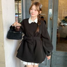 批发秋冬厚款毛呢<b class='q'>连衣裙</b>女<b class='q'>灯笼</b>袖圆领系带高级感小个子呢子外套大衣