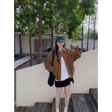 批发棕色复古皮衣短外套女秋季气质慵懒松弛感长袖宽松<b class='q'>休闲</b>上衣<b class='q'>夹克</b>